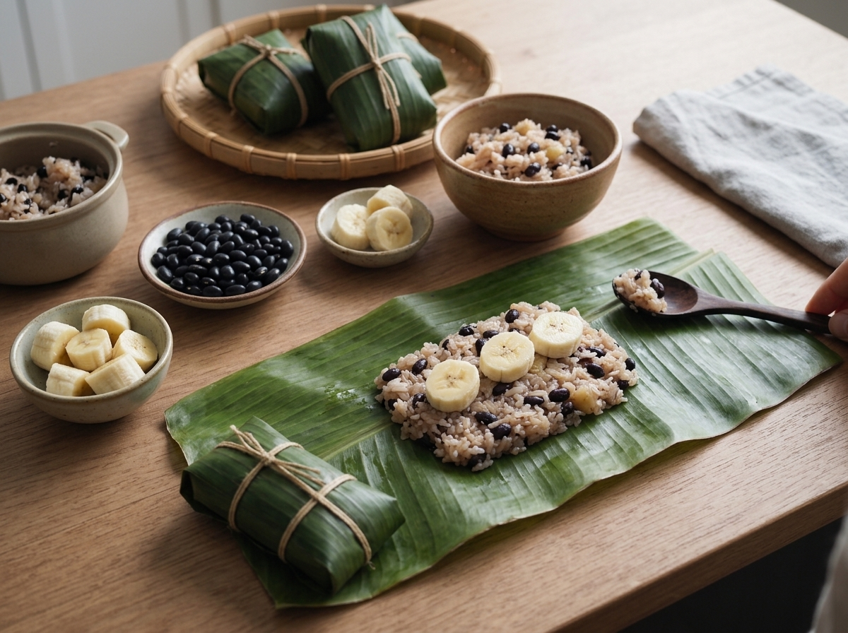 Hands packing coconut sticky rice and banana pieces onto a banana leaf before folding it into a tight parcel.