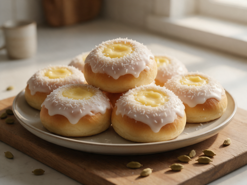 Golden skolebrod buns on a wooden board, glossy vanilla custard centers, toasted coconut rims under soft window light.