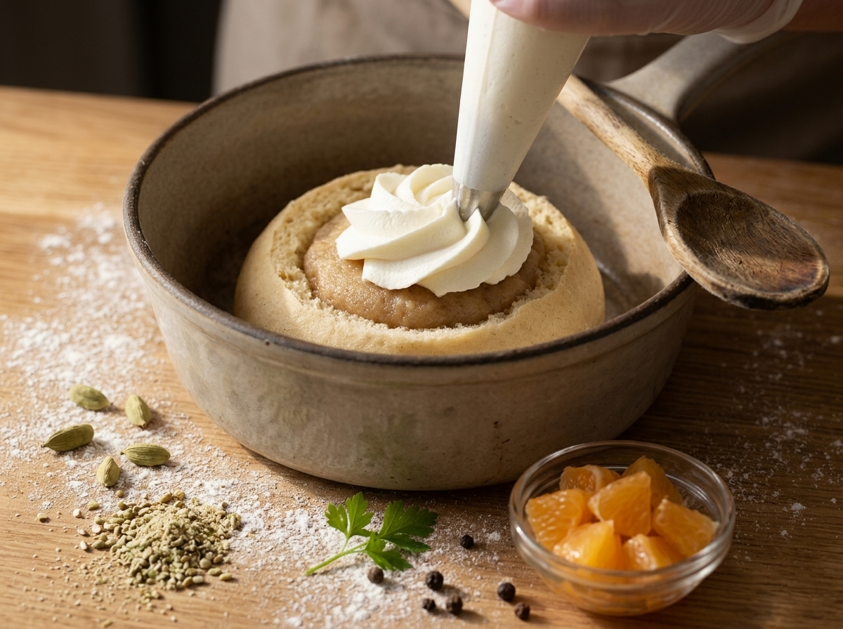 Hands piping whipped cream over almond paste filling inside a hollowed cardamom bun on a floured wooden counter.