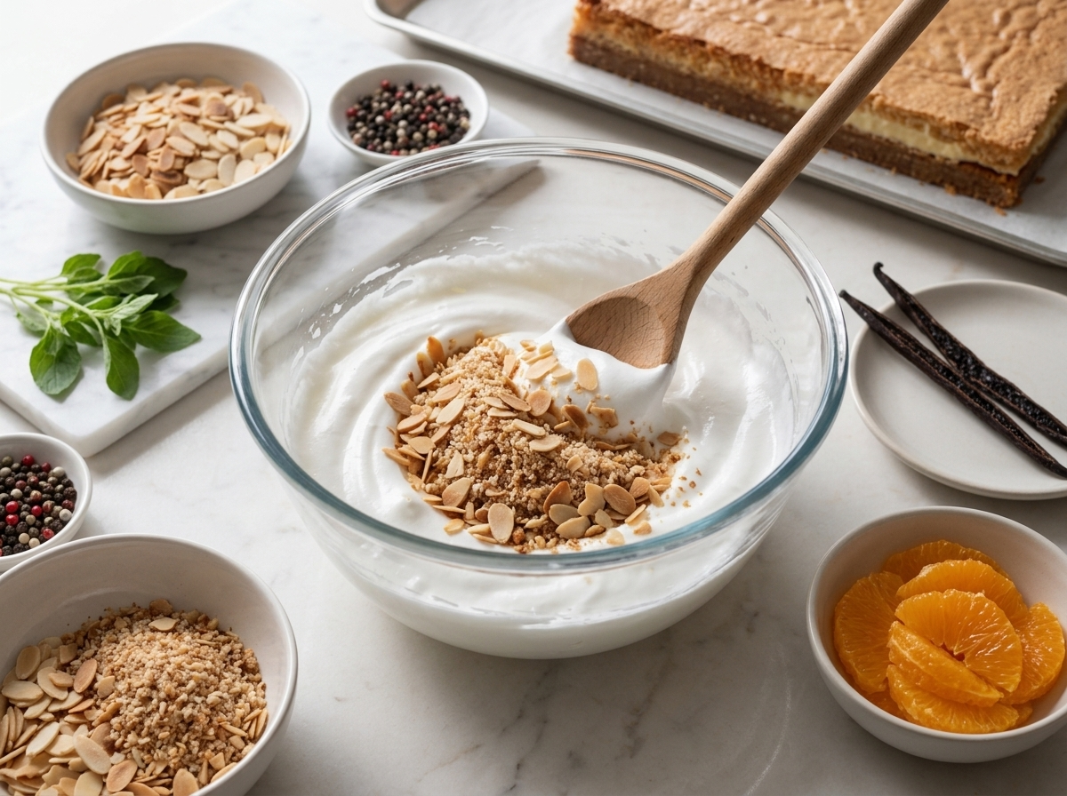 Close-up of a wooden spoon folding ground almonds into stiff glossy meringue in a glass bowl on a kitchen counter mid-preparation.