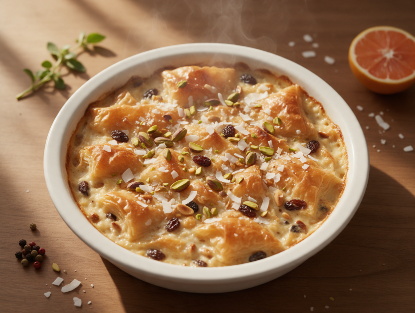 Golden baked om ali in a ceramic dish, topped with toasted pistachios and coconut flakes, steam still rising.