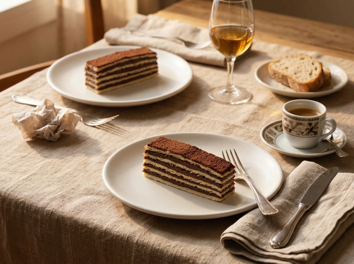 Two plated slices of madarica beside small espresso cups and a glass of dessert wine on a linen tablecloth