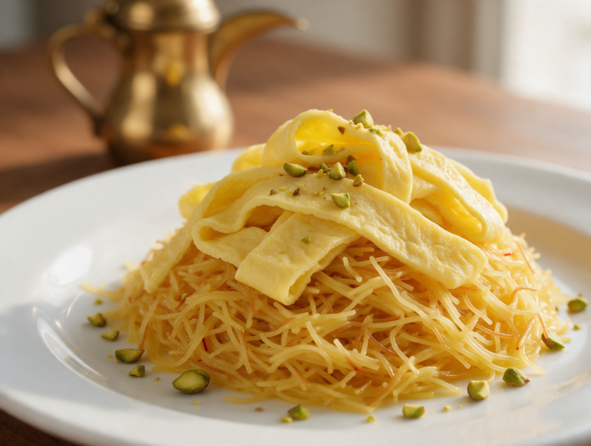 Top-down shot of golden saffron vermicelli piled on a white plate, topped with folded omelet strips and crushed pistachios