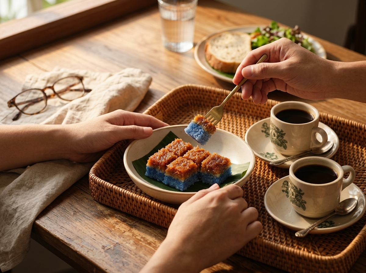 Small hands reaching for a piece of blue pulut tai tai next to cups of kopi on a rattan tea tray.