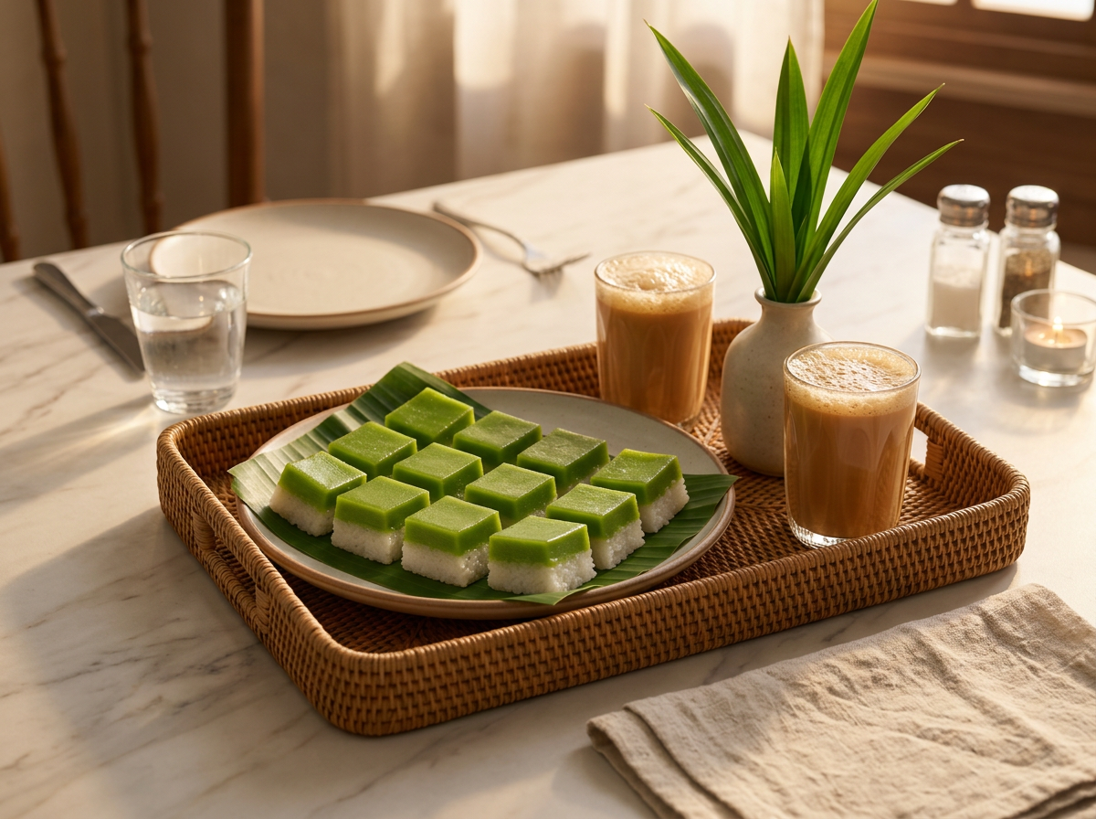 Kuih seri muka squares plated on a rattan tray next to teh tarik, ready for an afternoon tea break.