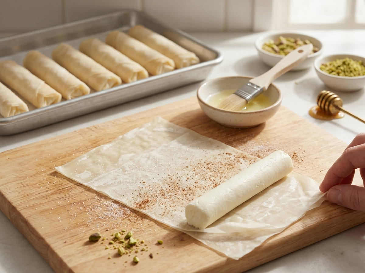 Hands rolling a phyllo rectangle around chilled ashta cream filling on a wooden board before frying in oil.