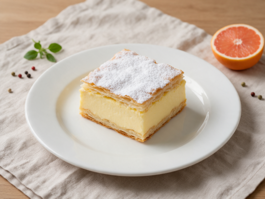 Square of krempita on a white plate showing thick custard between golden pastry layers, dusted with powdered sugar under soft light