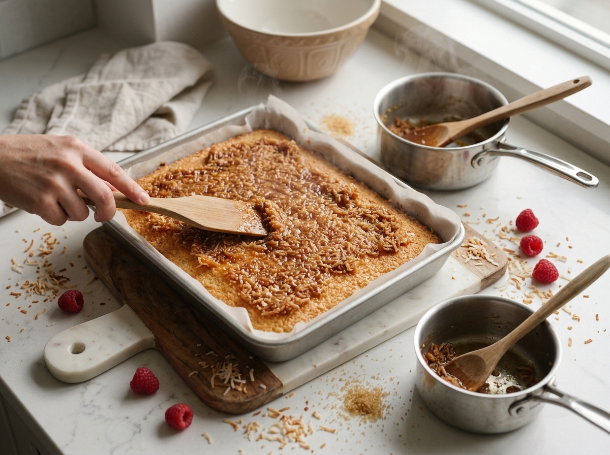Cook spreading buttery coconut brown sugar topping over a warm baked sponge cake straight from the oven