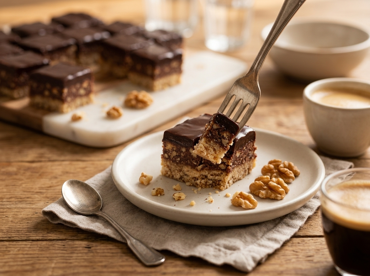 A small plate of bajadera squares beside an espresso cup on a linen napkin at a kitchen table.