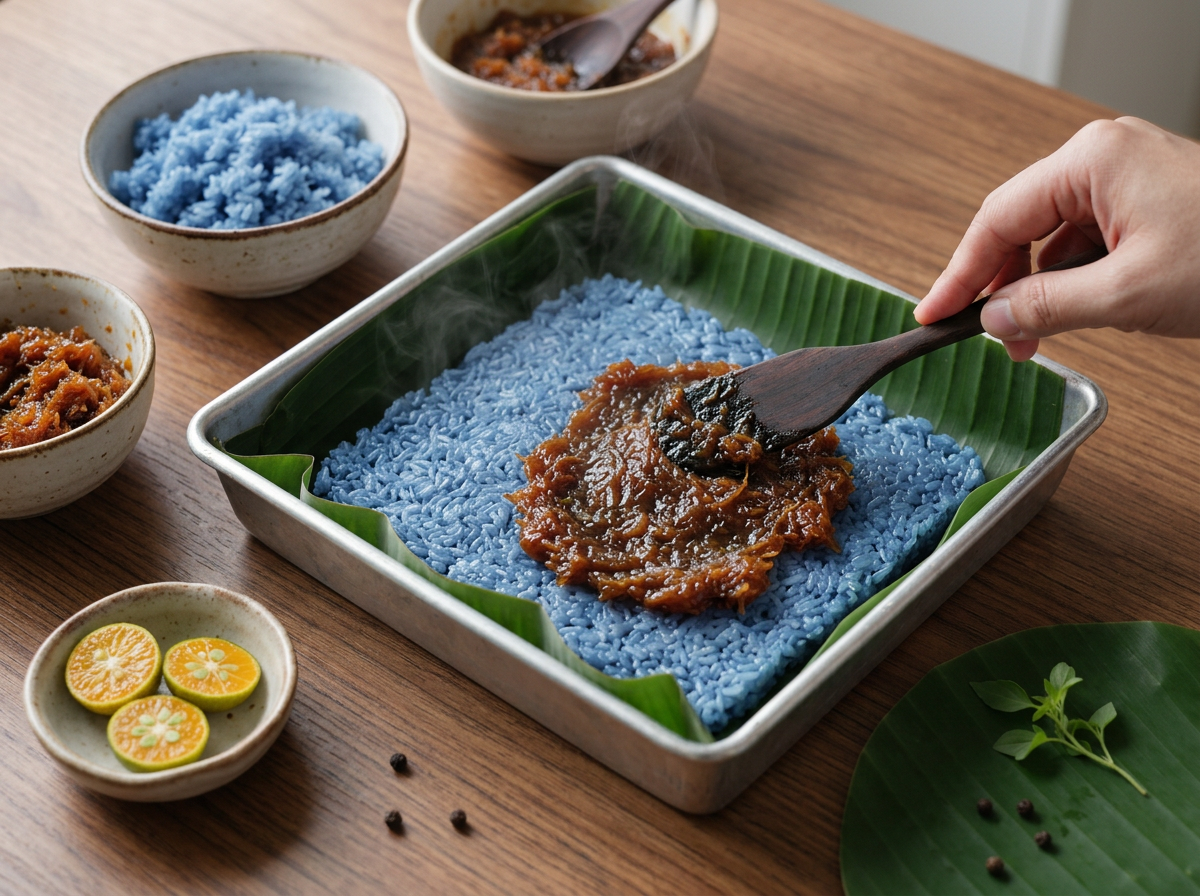 Cook spreading a sticky gula melaka coconut mixture over pressed blue glutinous rice in a lined metal tray.