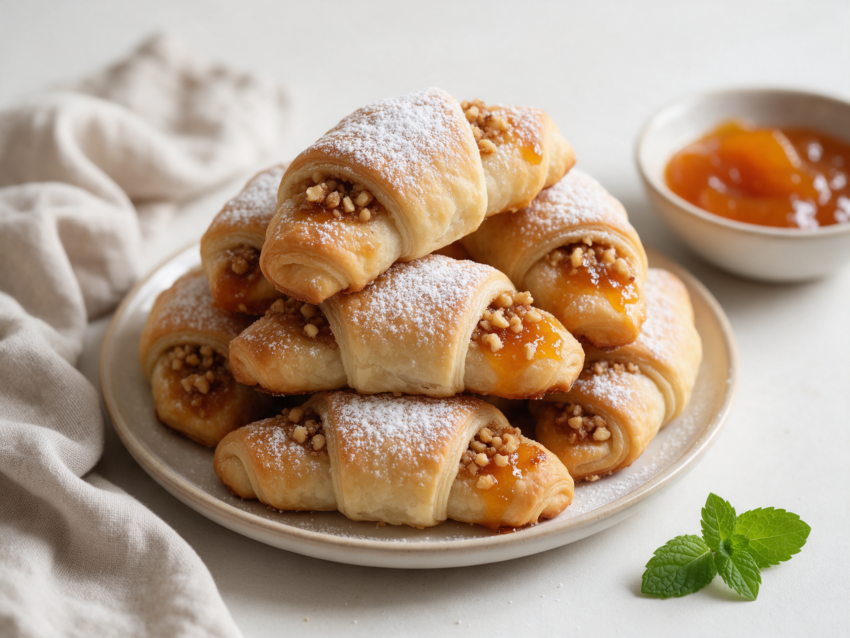 Golden Serbian salcici crescents dusted in powdered sugar, stacked on a rustic wooden board near a coffee cup