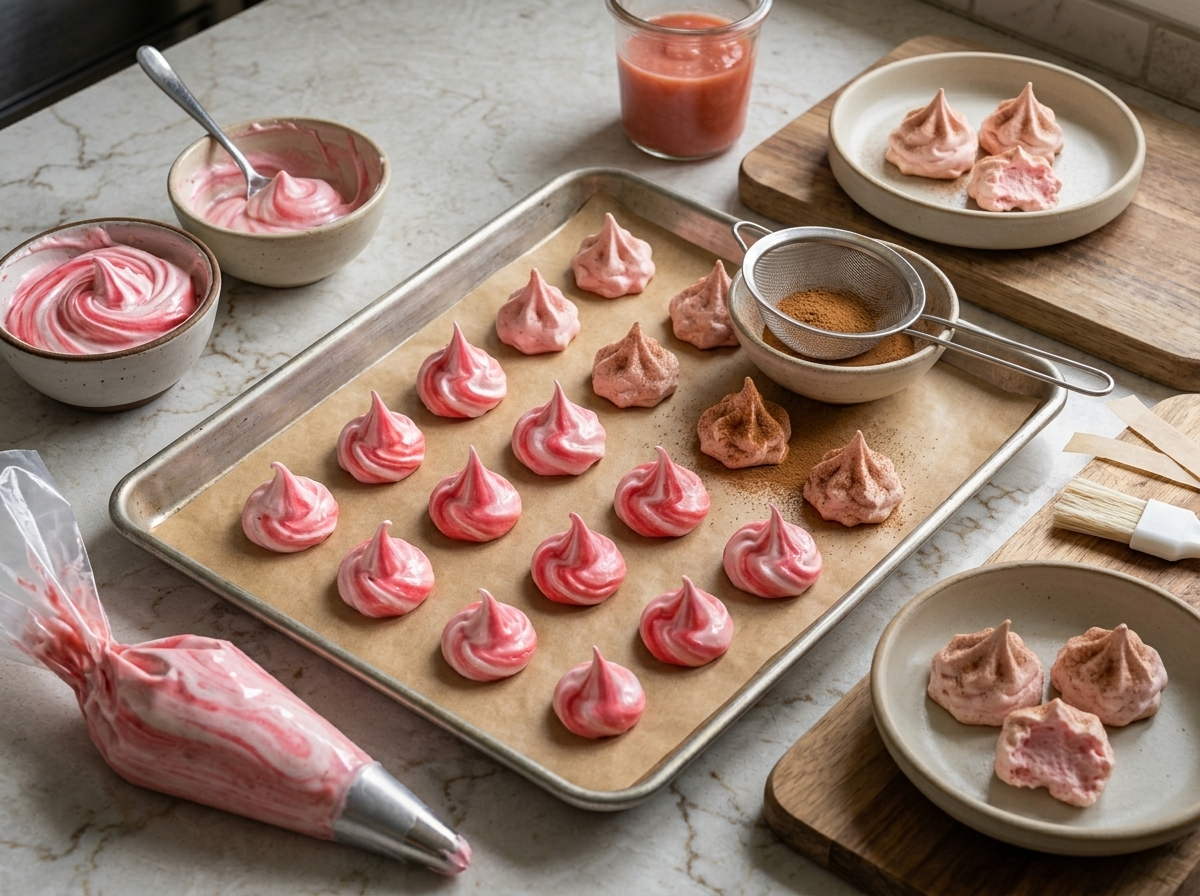 Hand piping glossy pink guava meringue into tall peaks on a parchment-lined sheet pan before baking
