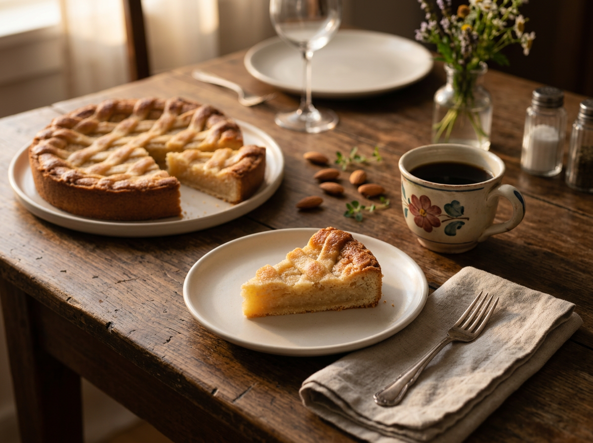 Two coffee cups and a wedge of fyrstekake on a linen napkin, powdered sugar dusted over the lattice top.