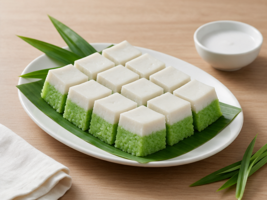 Green and white kuih talam squares stacked on a banana leaf lined plate, showing the two distinct steamed layers.
