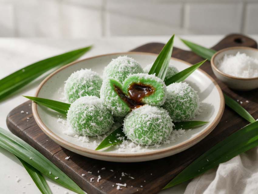Green pandan onde-onde coated in white coconut on a wooden board, one ball split open to show molten palm sugar filling.