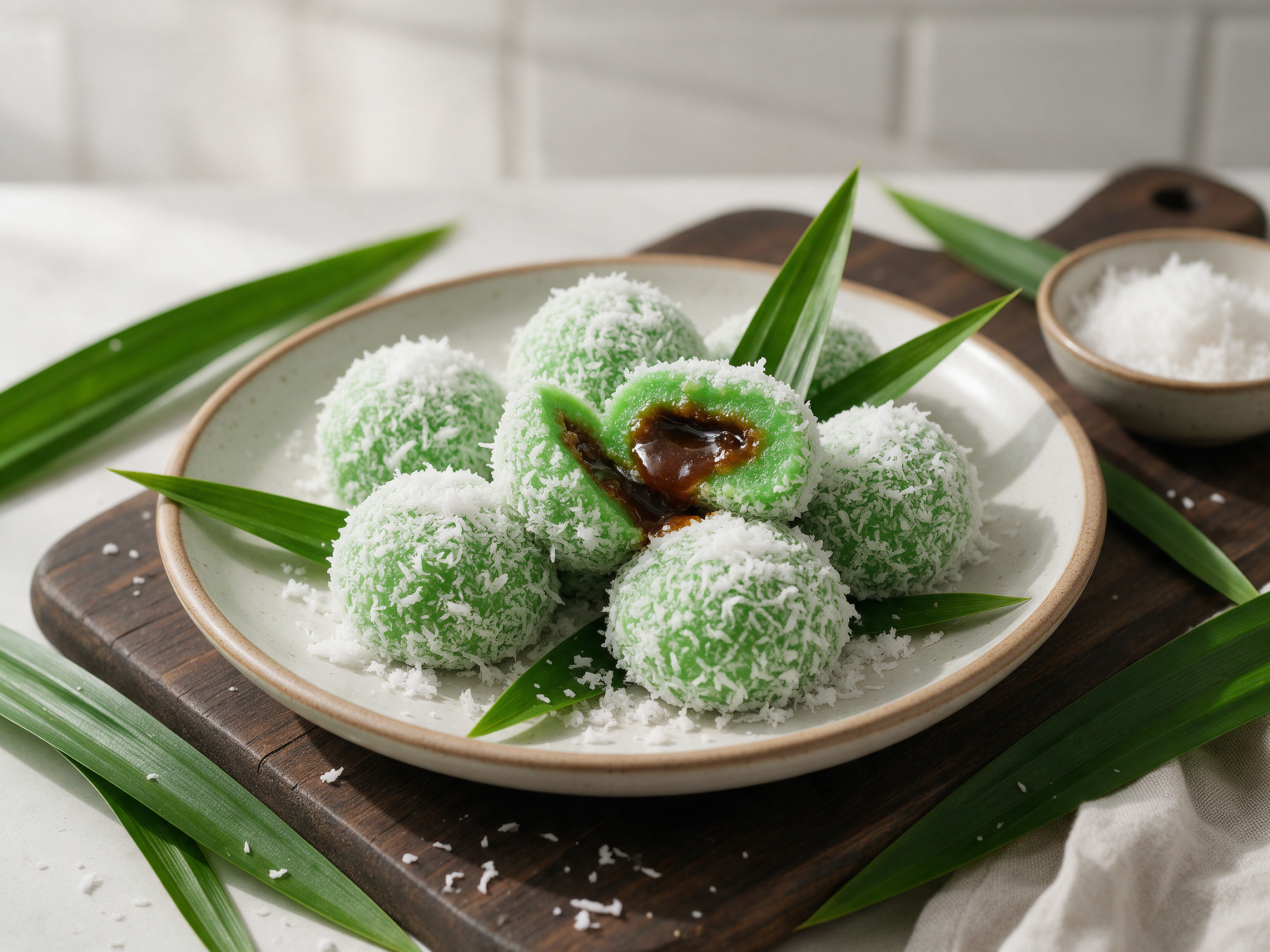 Green pandan onde-onde coated in white coconut on a wooden board, one ball split open to show molten palm sugar filling.