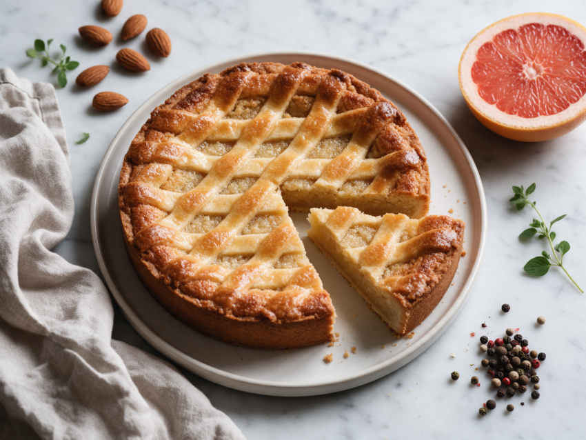 Sliced Norwegian fyrstekake on a marble board showing golden lattice crust and dense pale almond filling in soft light.