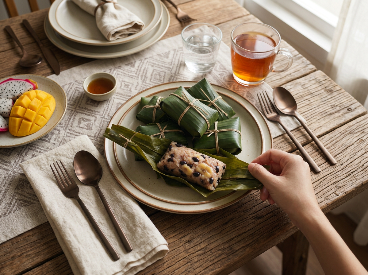 A person unwraps a warm khao tom mad parcel at a wooden table with Thai tea and a linen napkin nearby.