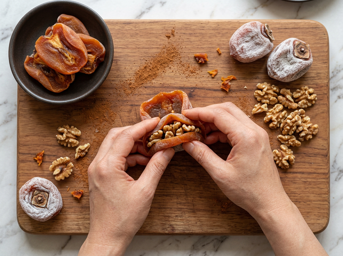 Hands rolling a butterflied dried persimmon around toasted walnut halves on a wooden cutting board.