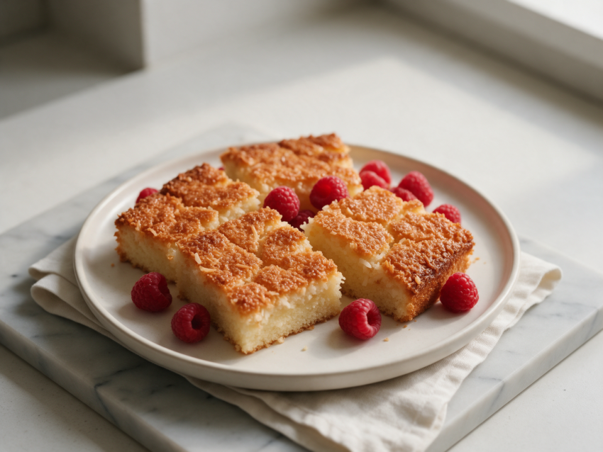 Golden broiled coconut topping cracking over a sliced Danish dream cake on a marble board with a linen napkin