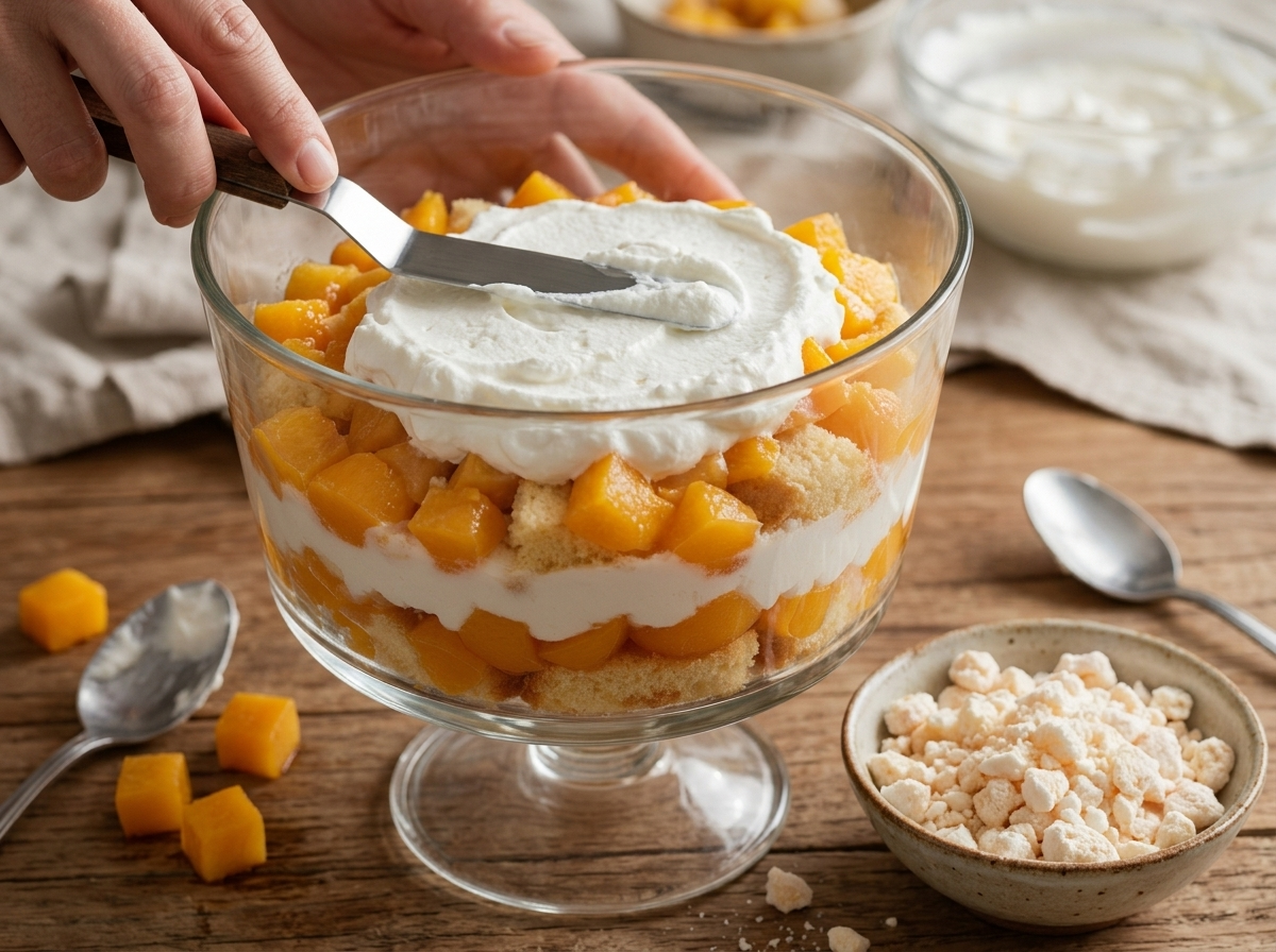 Spreading whipped cream over a peach and sponge cake layer in a glass bowl, crushed meringue pieces scattered on a wooden board nearby
