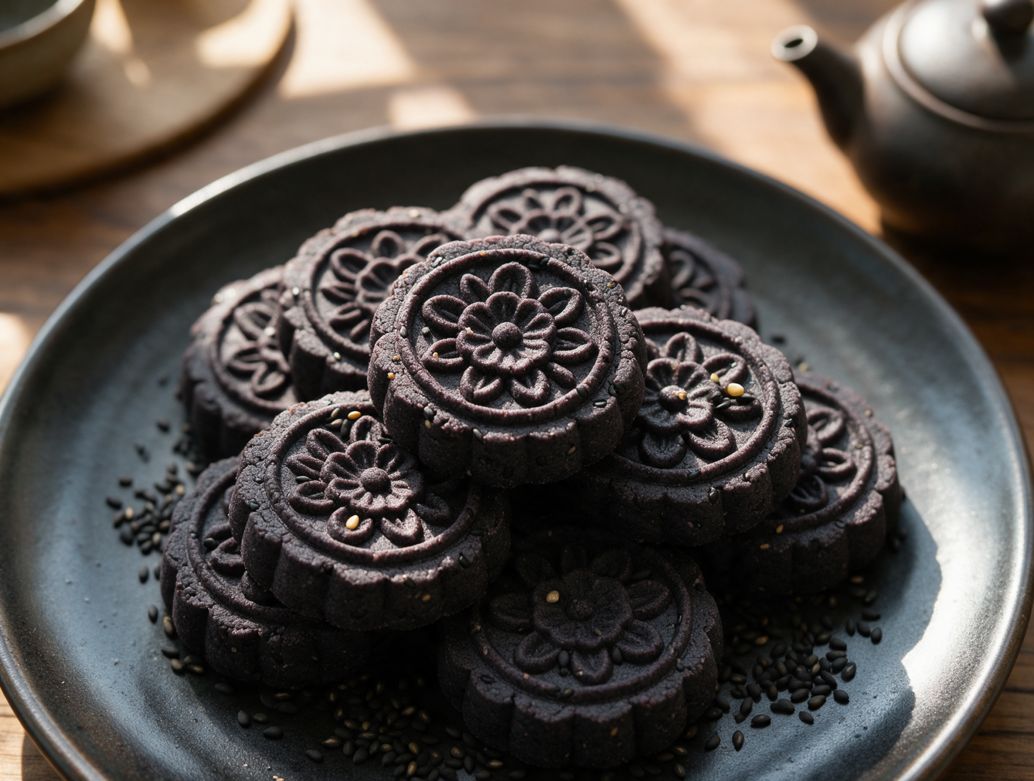 Overhead shot of black sesame dasik cookies with floral mold patterns stacked on a dark ceramic plate beside green tea