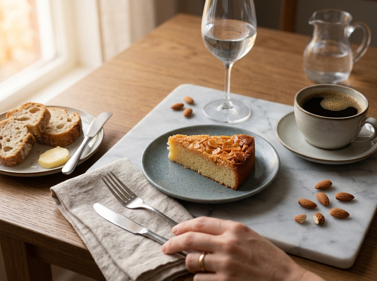 Slice of toscakaka on a small plate next to a cup of black coffee, linen napkin, morning window light.