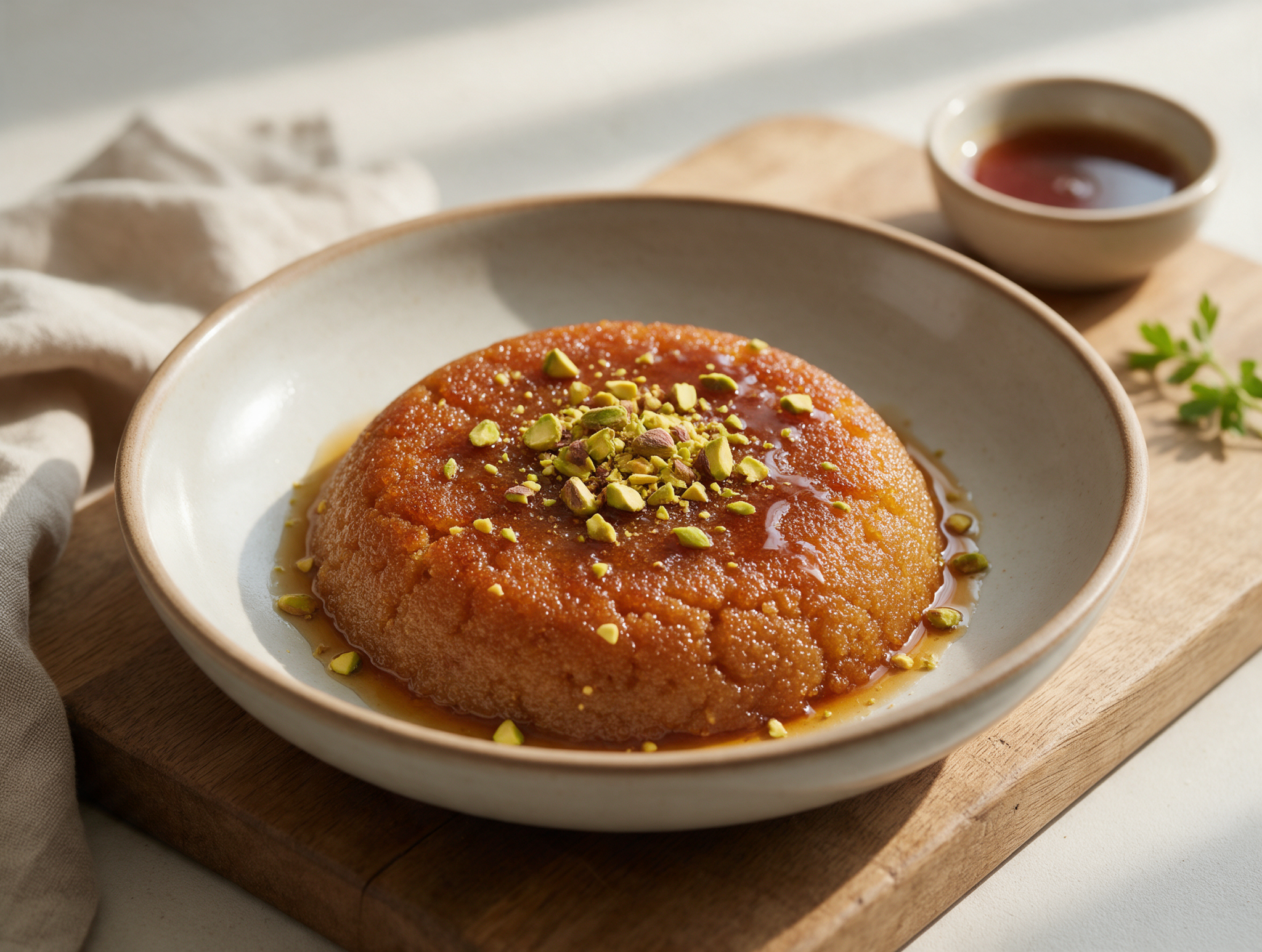 Overhead view of khabeesa in a shallow bowl, glossy date-brown surface topped with crushed pistachios and a syrup drizzle.