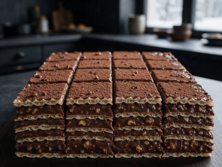 Overhead shot of sliced oblatne wafer cake squares dusted with cocoa, dark filling layers visible on a marble board.