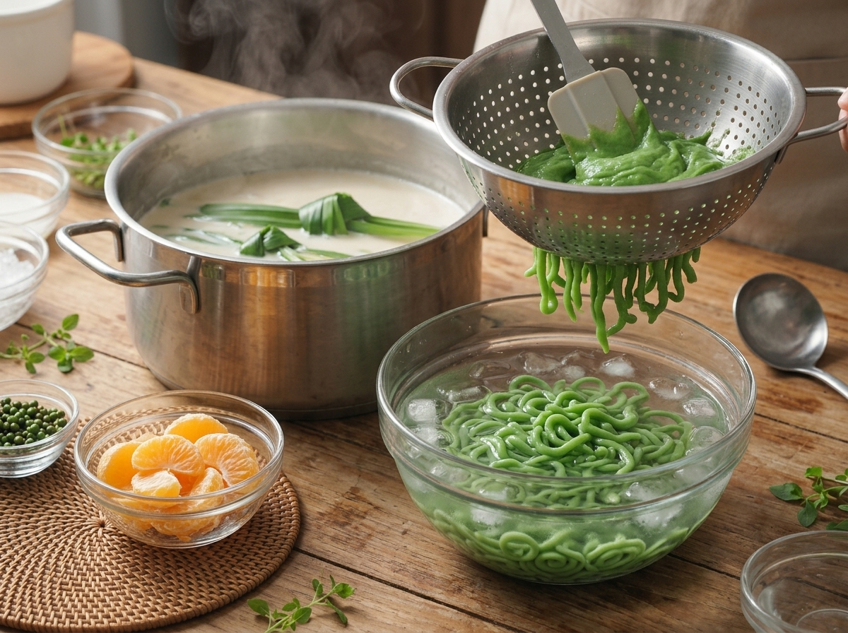 Hot green pandan dough being pressed through a colander into a bowl of ice water, forming short curly noodles