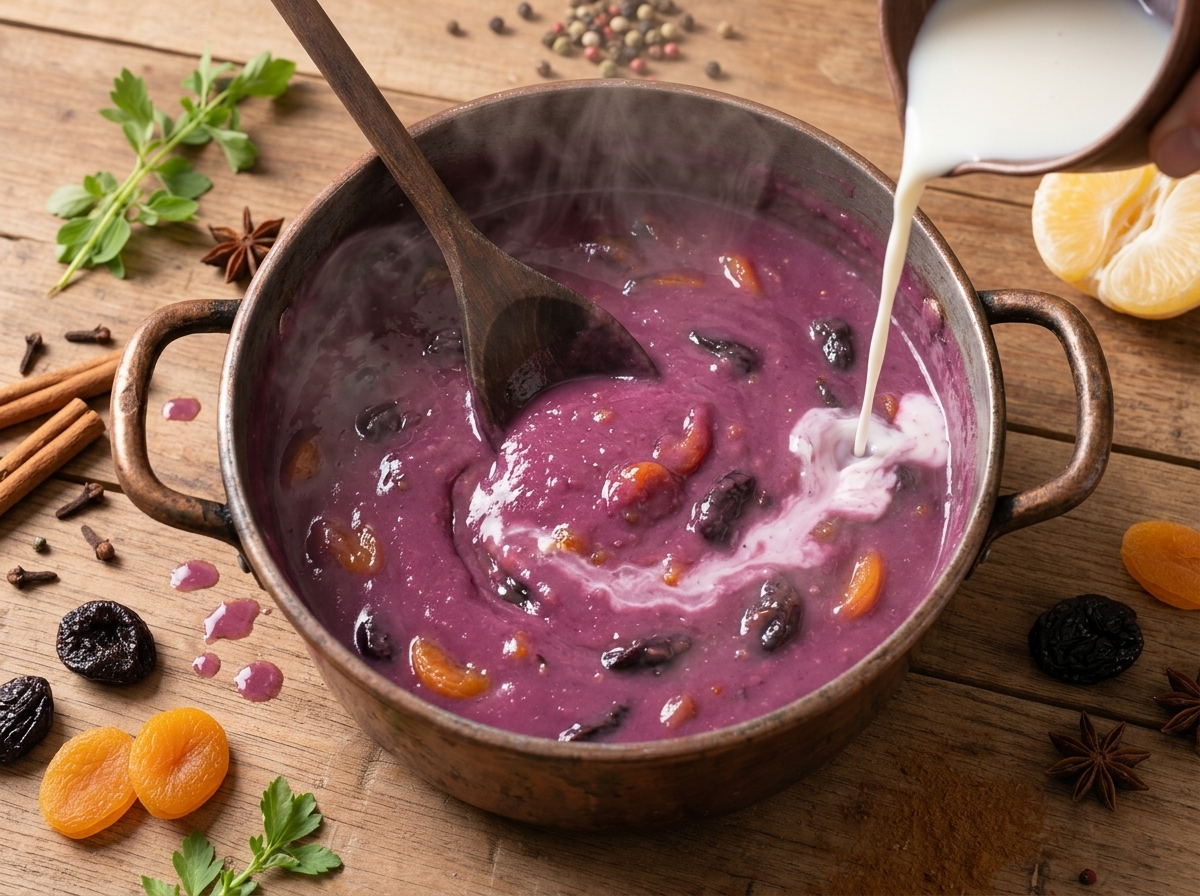 Wooden spoon stirring thick purple pudding in a stockpot as cornstarch slurry blends into the simmering corn liquid.