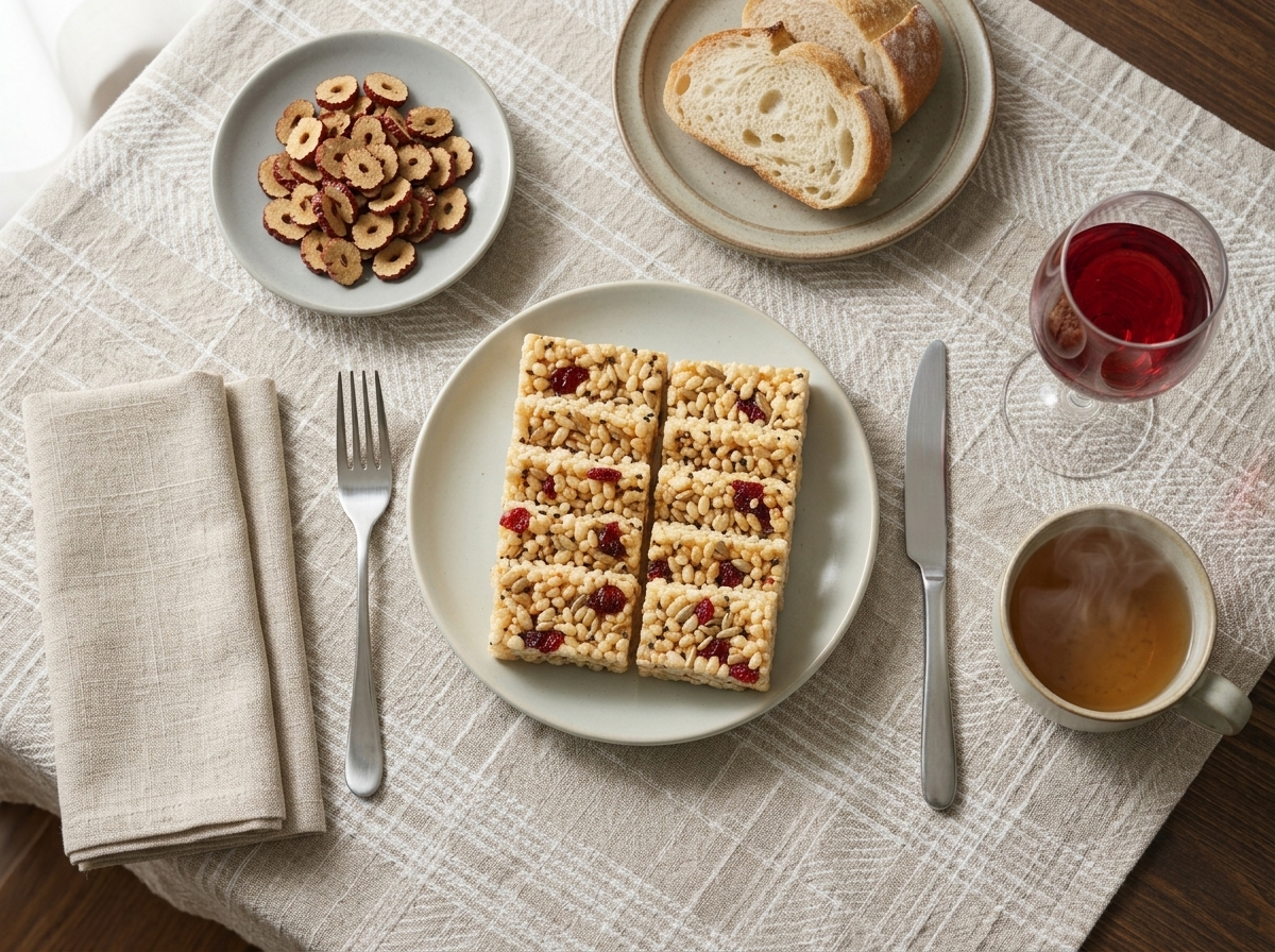 Small plates of gangjeong squares next to a steaming cup of barley tea on a linen-covered table.