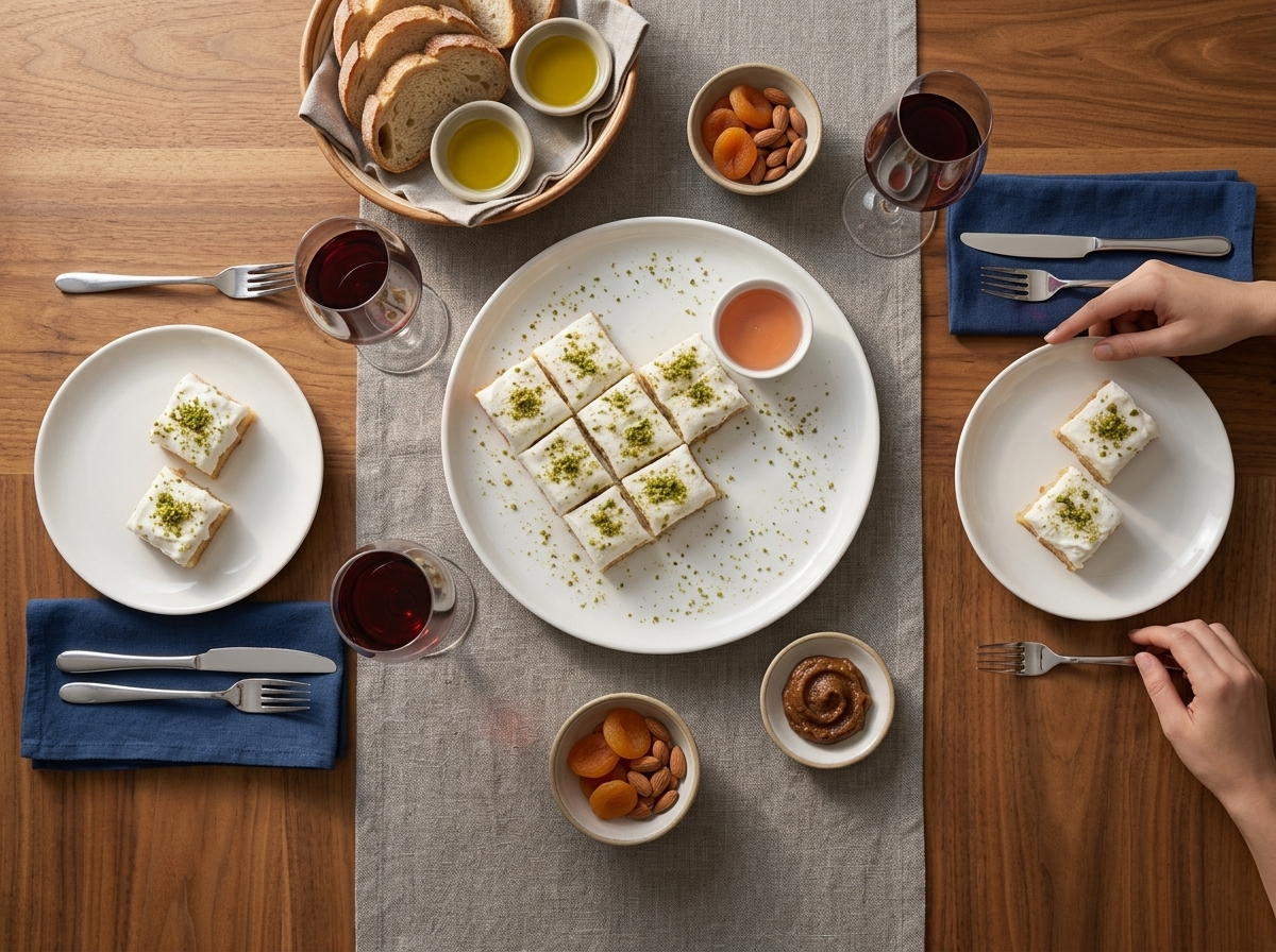 Two plates of mafroukeh squares beside glasses of mint tea on a linen-covered wooden table in soft afternoon light
