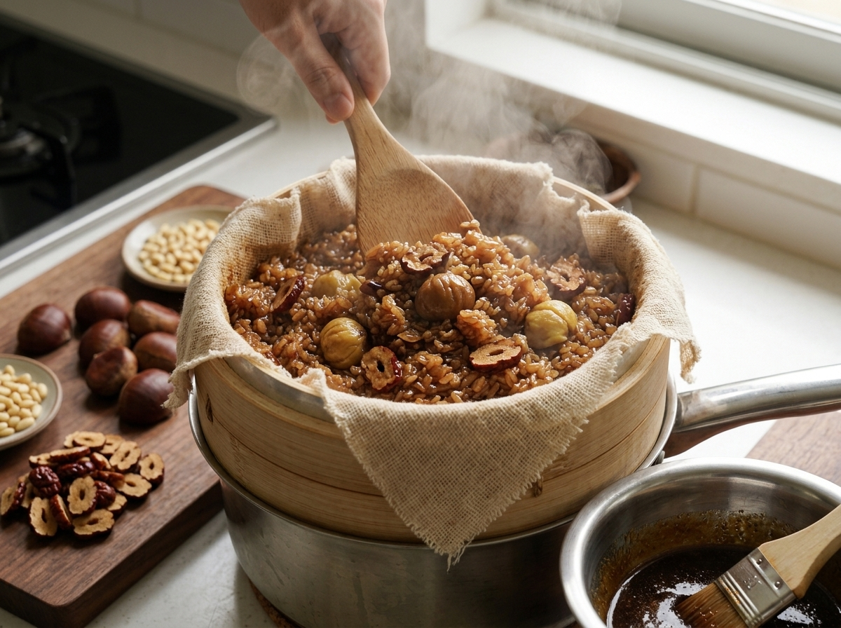 Wooden spoon stirring dark caramel-coated glutinous rice with chestnuts in a cheesecloth-lined steamer basket, steam rising