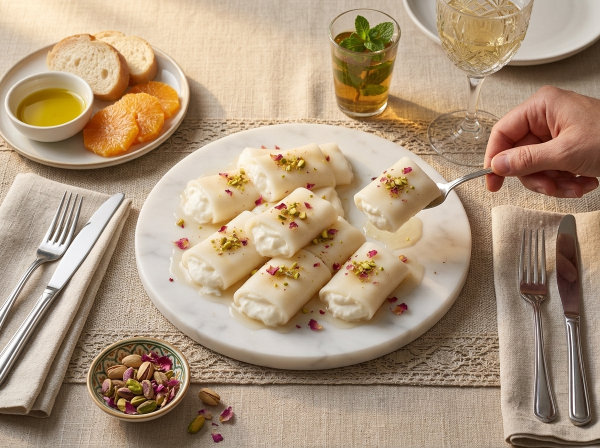 A hand lifting a cheese roll from a plate beside a glass of mint tea on a linen tablecloth at teatime.