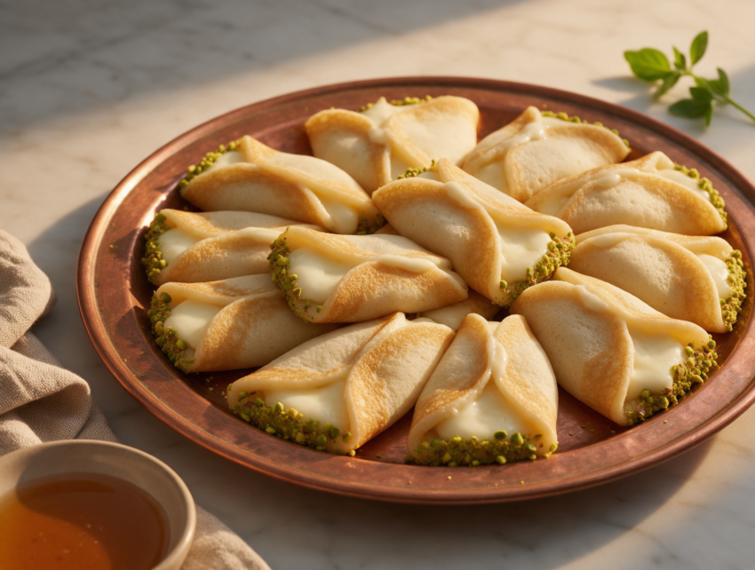 Folded atayef asafiri stuffed with melted cheese, pistachio-dipped edges, arranged on a copper platter with syrup.