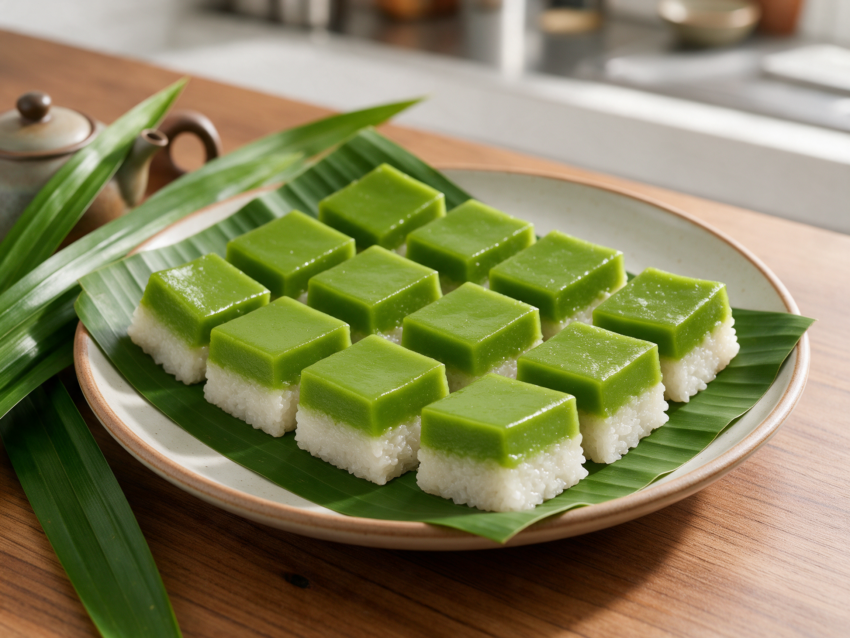 Top-down view of kuih seri muka squares with glossy green custard over sticky rice, arranged on a banana leaf.