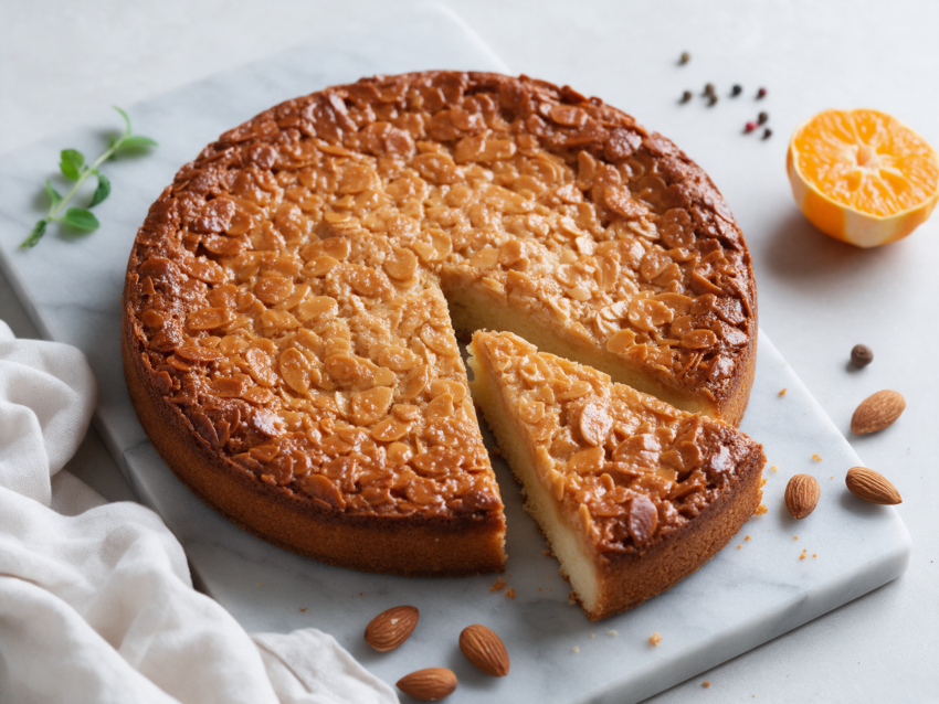 Round toscakaka on a marble board, caramelized almond topping cracked at the edges, one slice pulled out showing soft sponge.