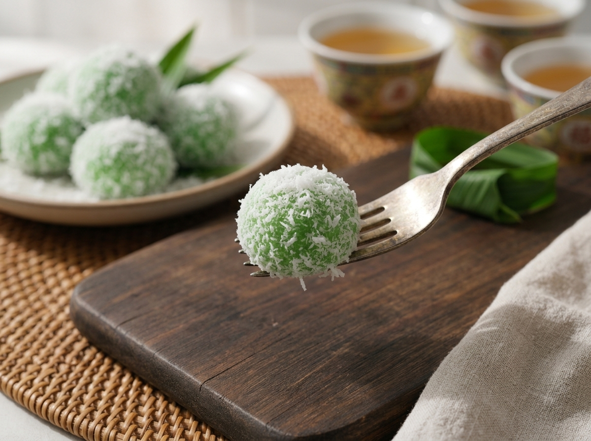 Rattan tray of coconut-rolled onde-onde beside two teacups and a linen napkin, warm afternoon light on the table.
