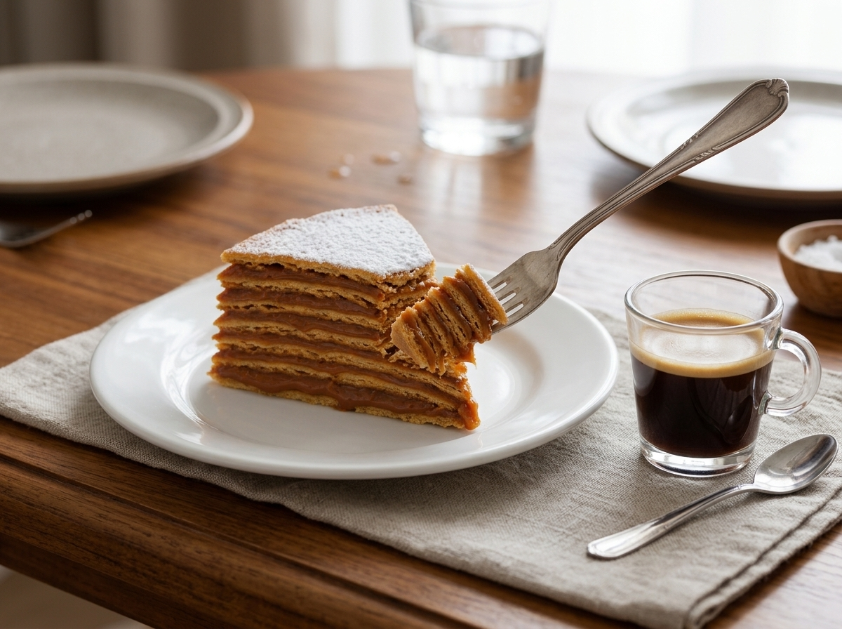 A wedge of torta chilena on a small plate beside a cup of coffee and linen napkin on a wooden kitchen table