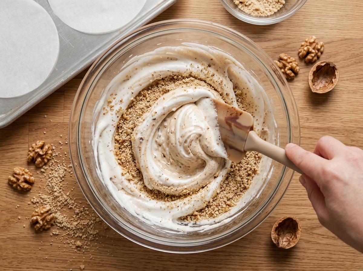 Hand folding ground walnuts into stiff egg white meringue in a glass bowl beside parchment circles on a sheet pan