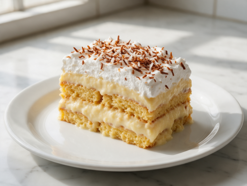 Sliced bienmesabe venezolano with soaked sponge, coconut custard, and toasted coconut on a white plate.