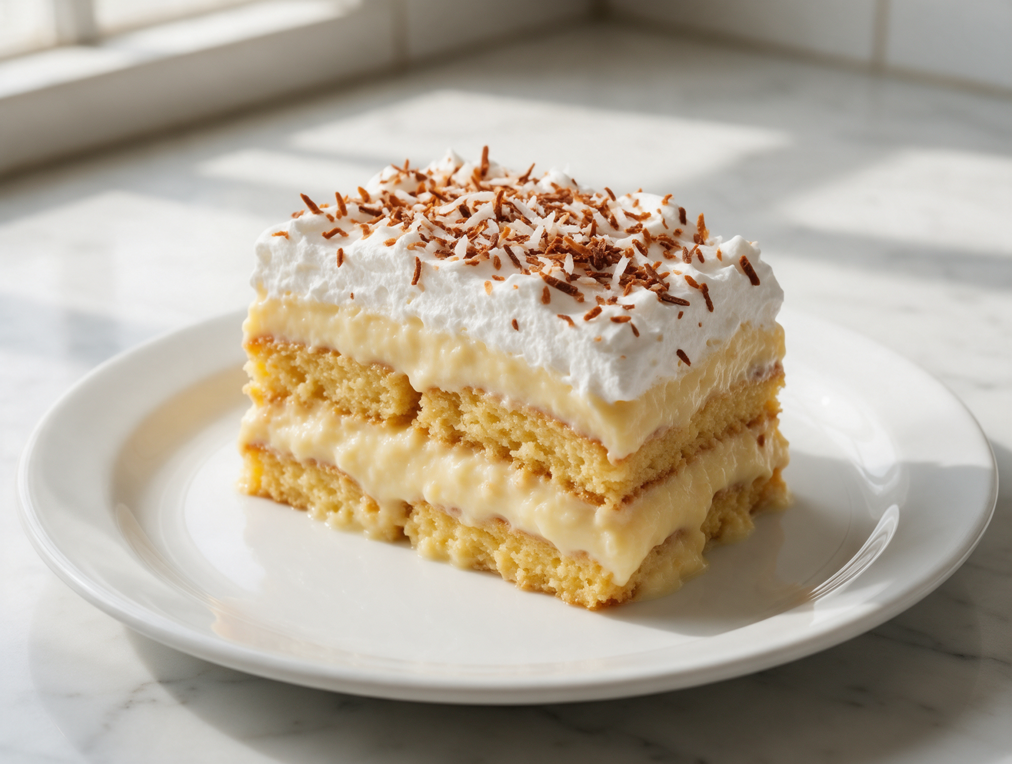 Sliced bienmesabe venezolano with soaked sponge, coconut custard, and toasted coconut on a white plate.