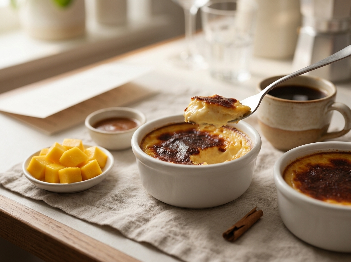 Two chilled jericalla ramekins on a linen napkin next to sliced mango and a cup of cinnamon-spiced coffee