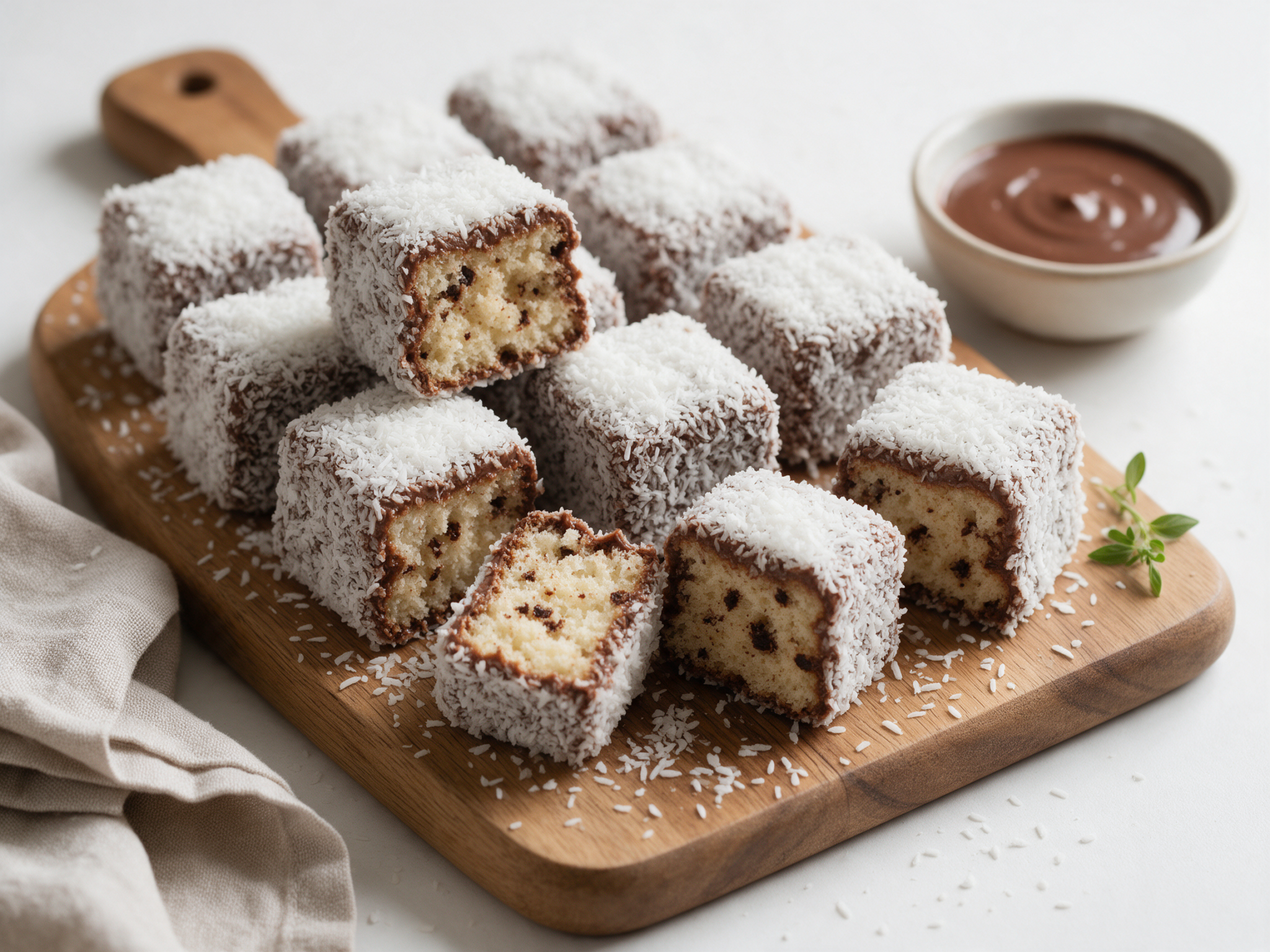 Overhead view of Croatian cupavci cubes rolled in coconut stacked on a wooden board with one cut in half.