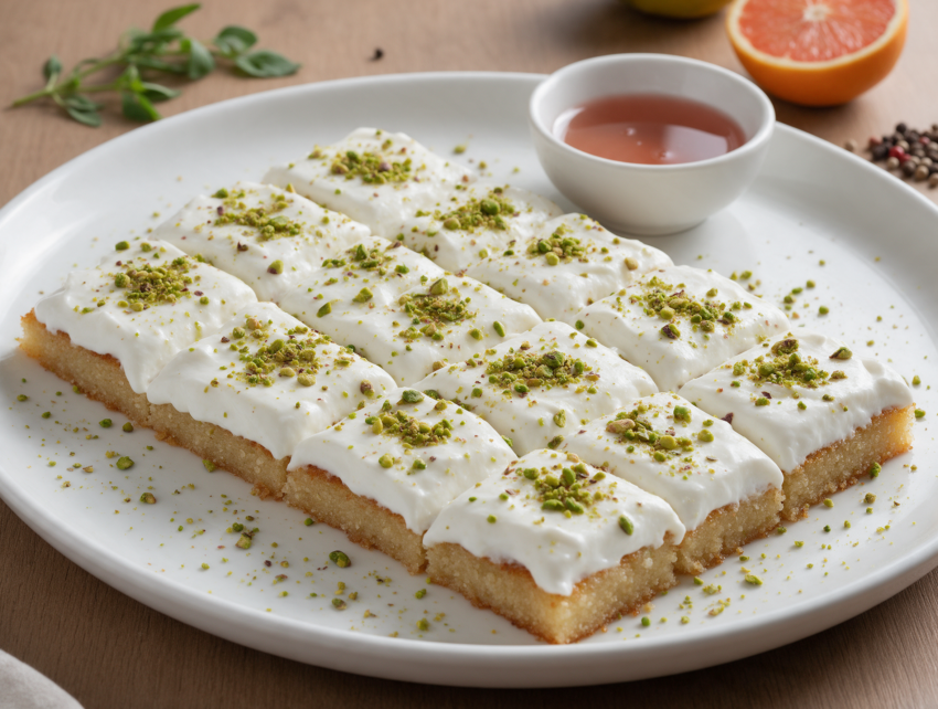 Square slices of mafroukeh on a white platter showing golden semolina base, thick ashta cream, and crushed pistachio topping