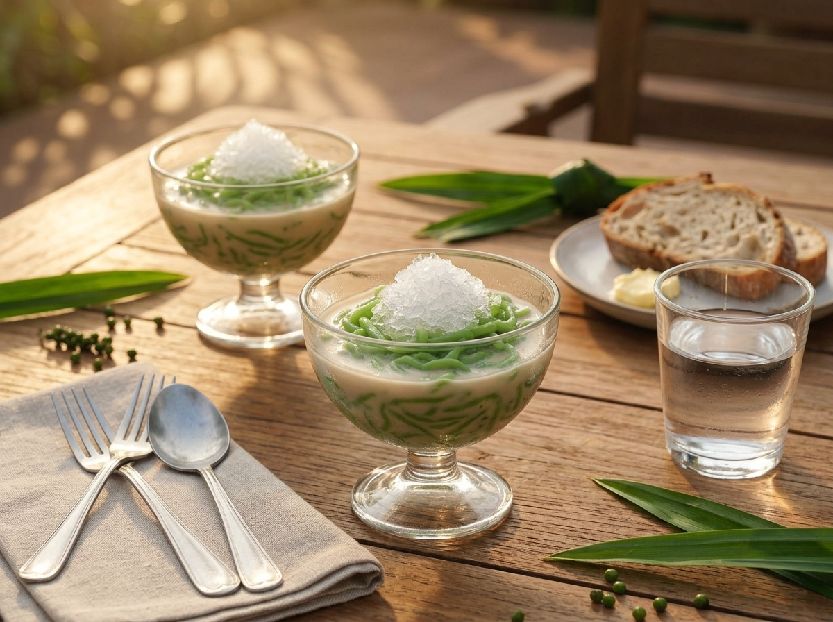 Two glass cups of chilled lod chong dessert on a wooden table with pandan leaves and a linen napkin nearby