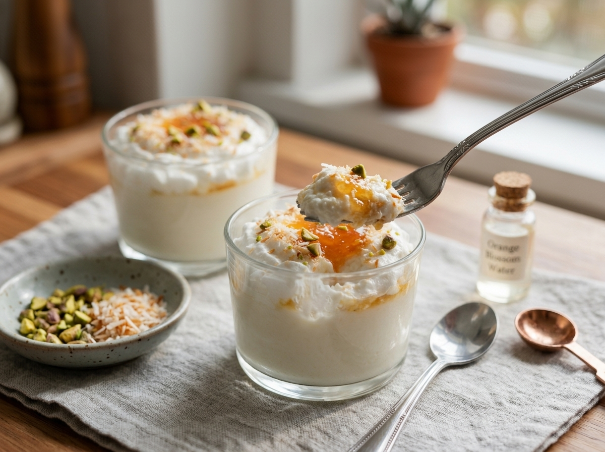 Two glasses of layali lubnan on a linen napkin with small spoons, pistachio bowl, and orange blossom water bottle nearby