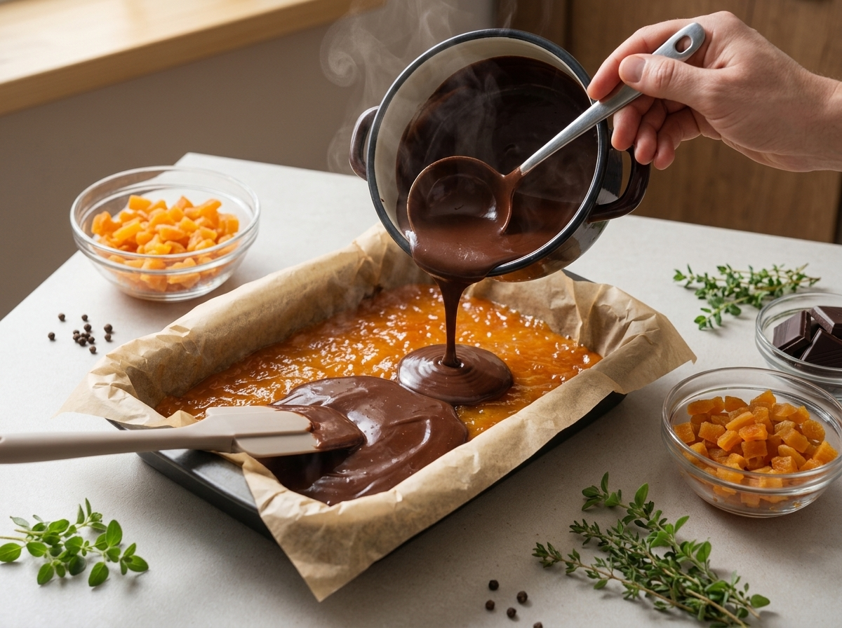 Cook pouring warm chocolate glaze over an apricot jam layer in a parchment-lined baking pan, spatula smoothing the surface.