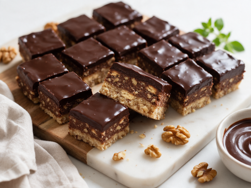Sliced Croatian bajadera squares reveal walnut and cocoa layers beneath a glossy dark chocolate glaze on marble.